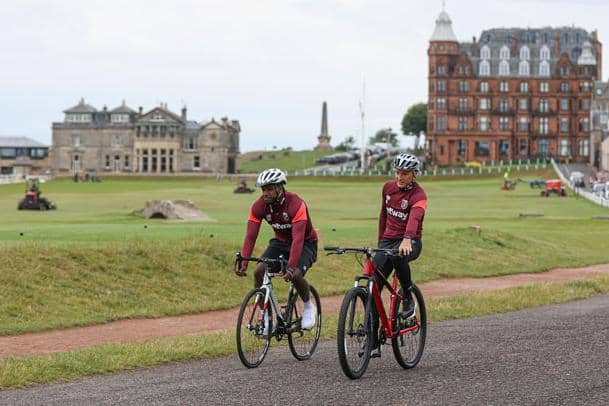 Michail Antonio and Mark Noble head off for a cycle around the Old Course. Pic courtesy West Ham FC