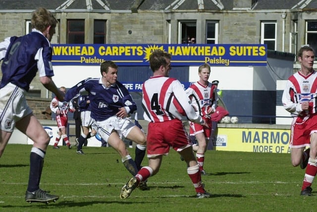 April 28, 2001 and a nervous Raith Rovers crowd headed along to Stark’s park in hope rather than expectation.
The Kirkcaldy side had been struggling near the foot of the First Division table and a string of wretched results had meant it had been a season to forget – but it still wasn’t quite over yet.
Rovers needed a win to secure their place in the division for the following season and that was by no mean a certainty against visitors Airdrie.
Come the end of the 90 minutes and Rovers fans were left wondering what they had been so worried about and a little bit stunned after watching their side blow the visitors away in a 5-0 win.
As poor as Airdrie were, Rovers were superb, particularly in the second half with a four goal blitz.
Rovers led 1-0 at half time thanks to a Paul Tosh goal. He went on to grab himself  a second but the day belonged to Jay Stein, with a brilliant hat-trick of goals, the second of which is pictured here.