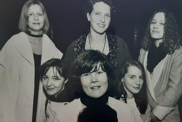 A 1993 fashion show featuring students from Glenrothes College - pictured with show organiser, Mo Neilson are Kerry, Karen, Michelle, Laura and Julie.