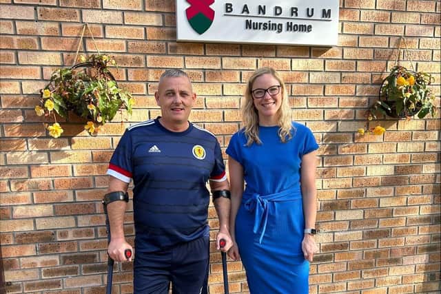 Bandrum Nursing Home managing director, Rachel Payne, and amputee footballer and employee, Craig Lavender. (Pic: Submitted)