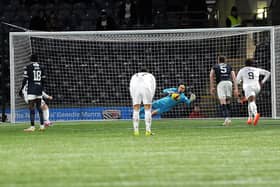 Jamie MacDonald saves penalty kick from Ayr's Ben Dempsey on Friday night (Pic Fife Photo Agency)
