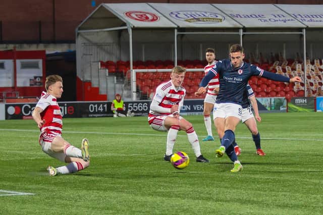 Jamie Gullan in action earlier this season against Sunday's cup final opponents Hamilton Accies (Pic by Scott Louden)