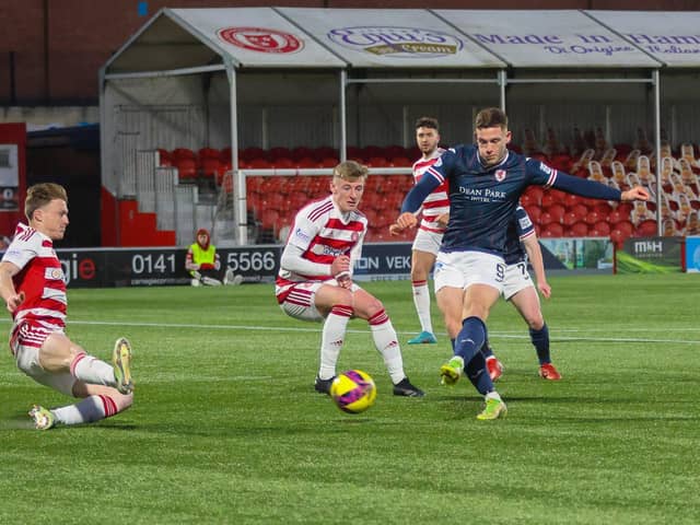 Jamie Gullan in action earlier this season against Sunday's cup final opponents Hamilton Accies (Pic by Scott Louden)