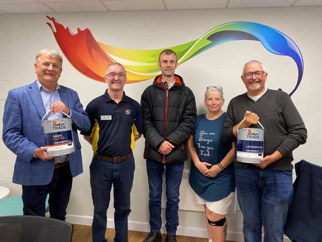 From left to right, David Torrance MSP, Dulux Decorator Centre manager Bill Stott, Fife Deaf Club chairman William Dolan, Fife Deaf Club assistant treasurer Ally Dean, and Fife Deaf Club treasurer Bill Darroch. (Pic: Submitted)
