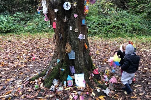 Home-Start family group at the fairy tree in Ravenscraig Park.