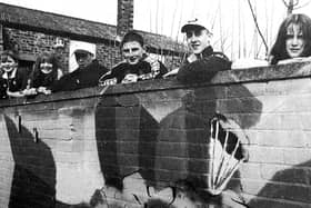In 1999 youngsters from the Linktown area of Kirkcaldy covered up a grafitti-strewn wall with a mural carrying an anti-drug message. From l to r are; Kirsty Halstead, Sarah Rutherford, Lee Allan, Mark Lindsay, Jamie Donaldson and Louise Young.