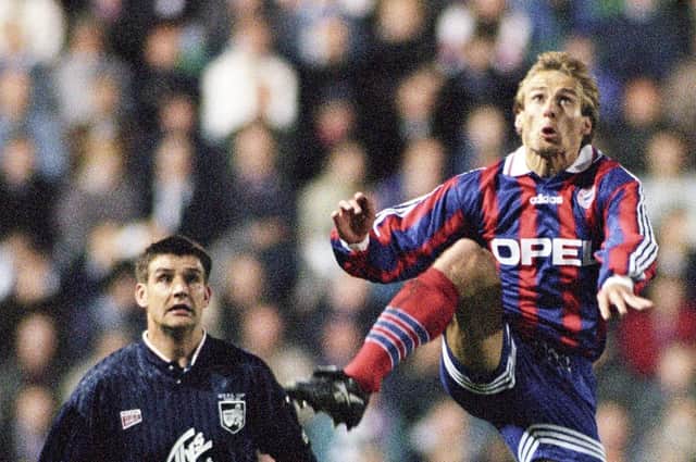 Bayern Munich's Jurgen Klinsmann, right, nips in ahead of Raith Rovers' Shaun Dennis in 1995 Cup Winners' Cup tie at Easter Road (Pic SNS Group)