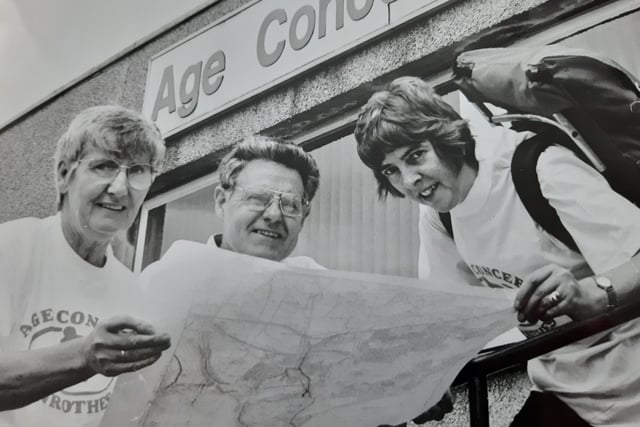 Setting off on a fundraiser for Age Concern in Glenrothes in 1998. Pictured are (from left) Freda Reid, Eddie Liddle, and Helen Noble. Picture from the Glenrothes Gazette archives.