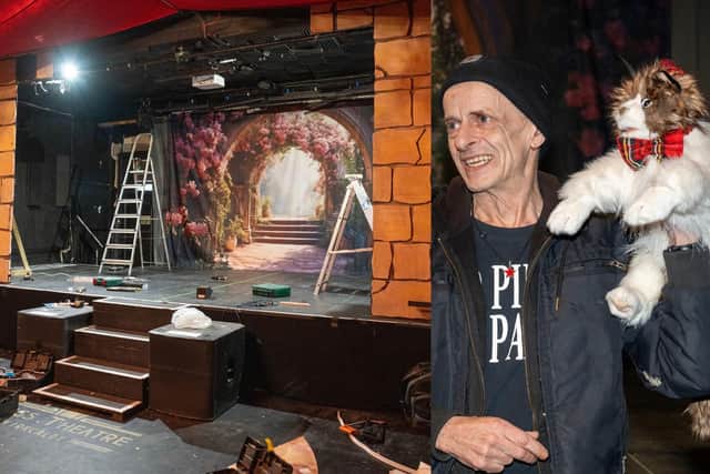 Work in progress - the sets take shape for Ya Wee Beauty & The Beastie. Right - Graham Scott with Mer-cat (Pics: Cath Ruane)
