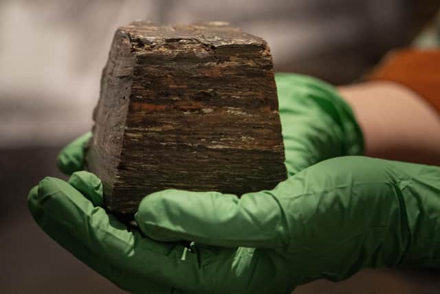 A paint block found beneath Nairn’s print room floor – a cross-section of the built-up layers of spilled paint that had trickled between the floorboards over many years (Pic: OnFife)