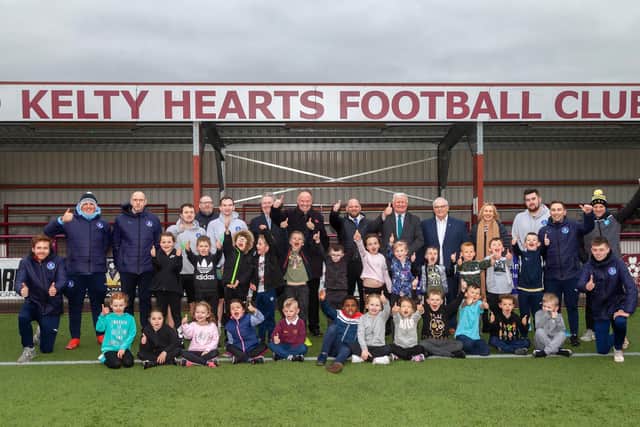 The CRT Sports works candidates pictured with Kelty Primary School and representatives from CRT Scotland, Kelty Hearts, Falkirk Football Community Foundation and local councillors. Contributed.