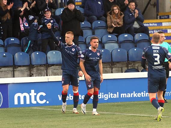 Raith Rovers’ Callum Smith celebrates scoring against Montrose last weekend during the SPFL Trust Trophy round of 16 tie (Photo: Fife Photo Agency)