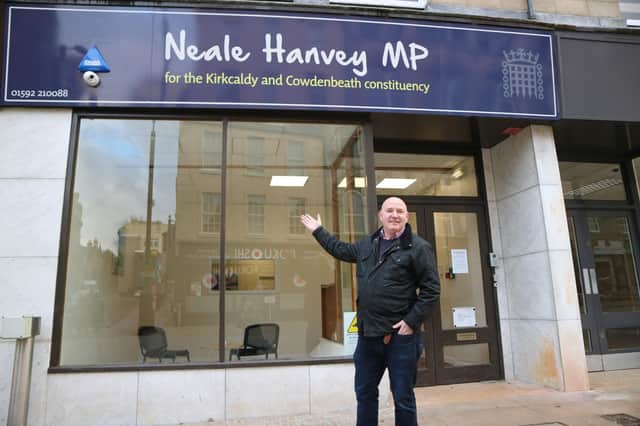 Neale Hanvey MP outside his constituency office in Kirkcaldy High Street