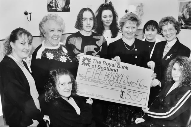 A 1993 cheque presentation to Fife Hospices Support Group