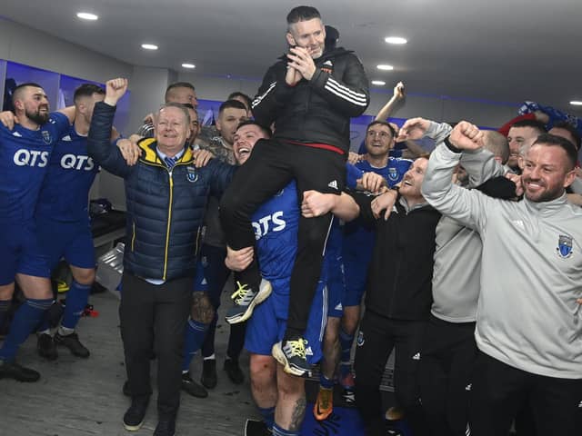 Darvel manager Mick Kennedy and owner John Gall lead celebrations after their shock win over Aberdeen last season (Photo by Rob Casey/SNS Group)