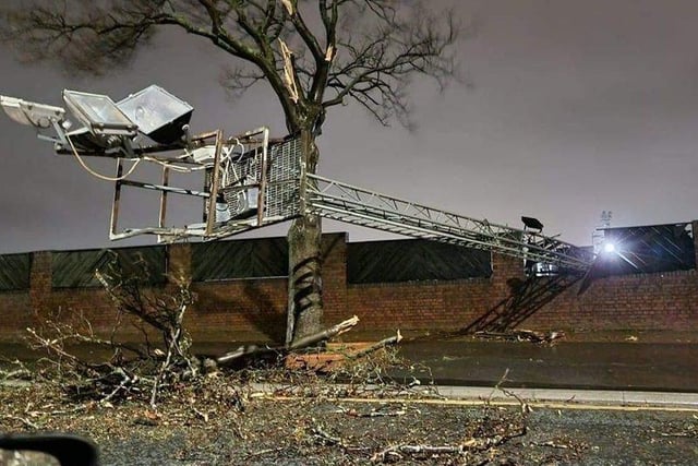 A floodlight falls victim to the storm at Hebburn Town FC - picture taken on Saturday morning. Picture: Davey J.