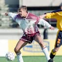 A young Greg Shields (right) made two Scotland under-21 appearances in 1996, v Latvia (pictured) and Austria (Pic SNS)