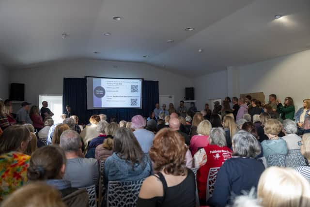 The packed Village Hall for the public meeting on the data centre (Pic: Cath Ruane)