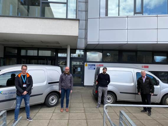  (Left to right) Kris Getchell, chief information officer at Fife College, Bryan McCabe-Bell, director of Business, Enterprise and Tourism and Supported Programmes at Fife College, Stuart McKay, digital services team leader at Fife College and Hugh Hall, Fife College principal are pictured outside the College’s Kirkcaldy Campus as they prepare to deliver devices the homes of students.