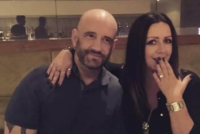 Billy Fisher and Louise Nicholson celebrating their engagement.