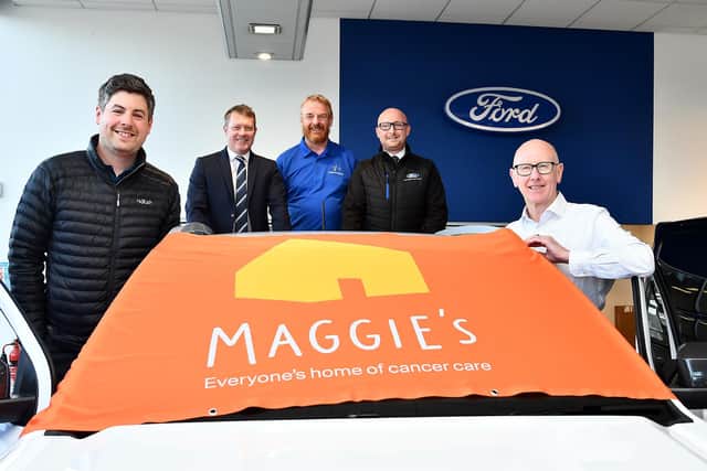 Launching the Ford's sponsorship deal (from left)  Adam Kent (Maggie's), Graeme Salmond , director (Ford) Allan Harley (Kirkcaldy Parks Race Festival), Jamie Brown (Ford) and Alistair Cameron (Pic: Fife Photo Agency)
