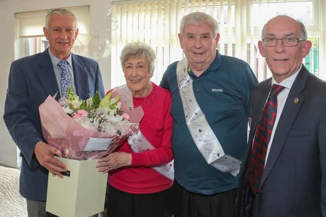 Archie and Betty Stenhouse celebrated their diamond wedding anniversary with a special presentation from Cllr Tom Adams and Col Jim Kinloch (Pic: Andrew Beveridge)
