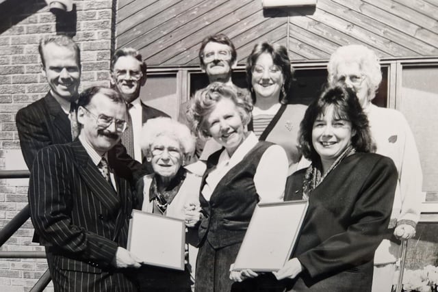 A presentation at Balfarg Nursing Home in 2004. Pictured are Joan Todd, officer in charge of nursing; Gladys Spence, officer in charge, residential; receiving their award from Alan Bowman, Fife Council’s director of social work. Also pictured is David Boak, quality auditor.