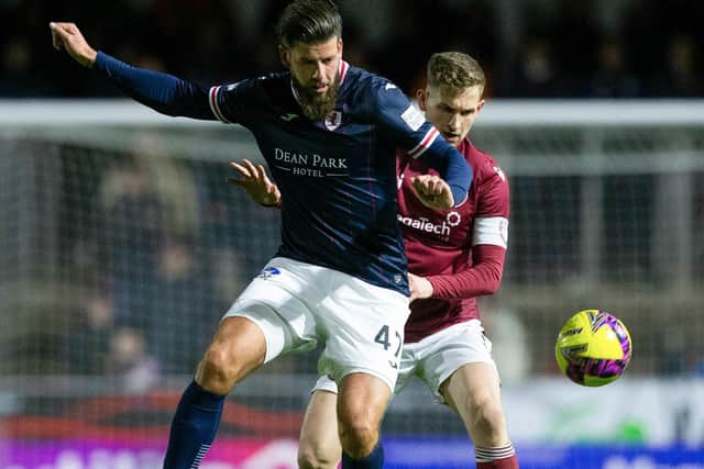 Raith Rovers striker John Frederiksen and Arbroath's Thomas O'Brien vying for possession at Gayfield Park (Photo by Ewan Bootman/SNS Group)