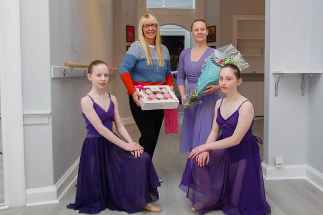 Alba School of Dance 228 High St Kirkcaldy (upstairs in Wilkies). Pictured are: Lexi Grieve 11, Wilkies store manager Tracey Gamba, Principal Stacey Walker and Alba Walker 10. Pic: Scott Louden.