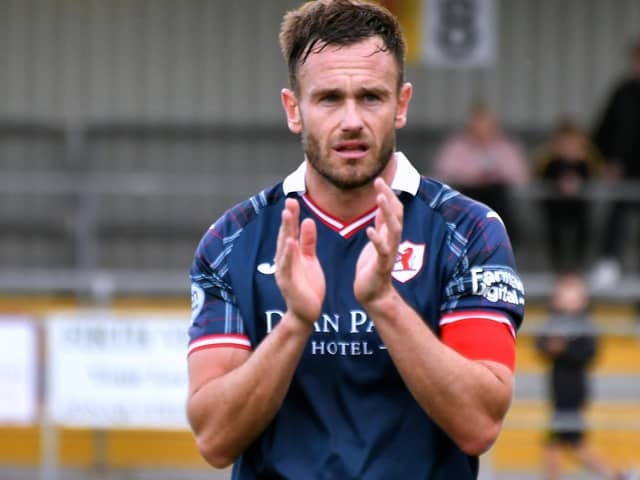 Goal-scorer Keith Watson clapping fans after Raith Rovers' 3-2 Viaplay Cup win at Annan Athletic 3-3 on Saturday (Photo: Eddie Doig)