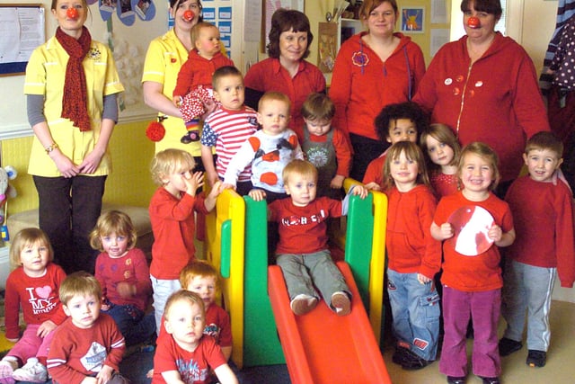 HaAving fun are Busy Bees Nursery, Newport. Red Nose Day