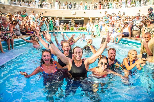 Olly Murs enjoys fun in the pool with guests after singing live on Heywoods Beach at Arvia’s naming ceremony in Barbados. Picture: Sam Pelly