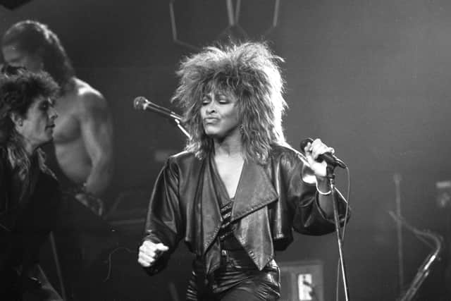 Tina Turner on stage at the Playhouse Theatre in Edinburgh, March 1985.