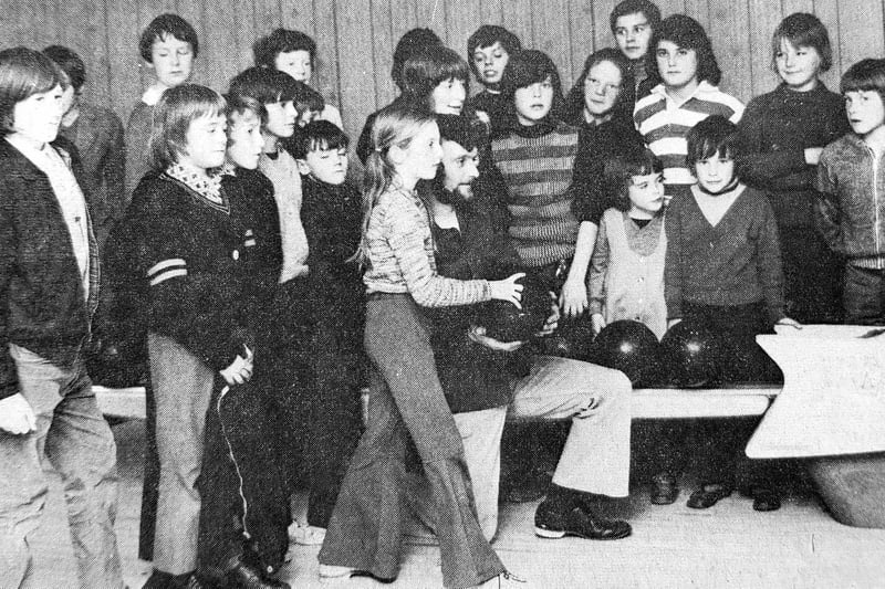 In 1973 local schoolchildren were given a month's free tuition at Kirkcaldy's Alma Bowl. Being shown how to get the perfect strike is Linda Christie, a pupil at Capshard Primary School.