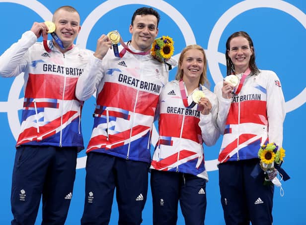 Kathleen Dawson with her triumphant Great Britain team-mates Adam Peaty, James Guy and Anna Hopkin (Pic by Clive Rose/Getty Images)