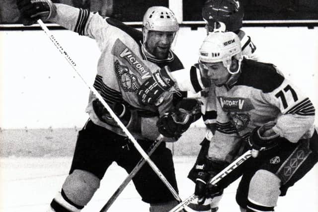 Fife Flyers at Wembley 1990 - Luc Beausoleil and Mike Rowe with Cardiff Devils' John Lawless between them (Pic: Fife Free Press/Bill Dickman)