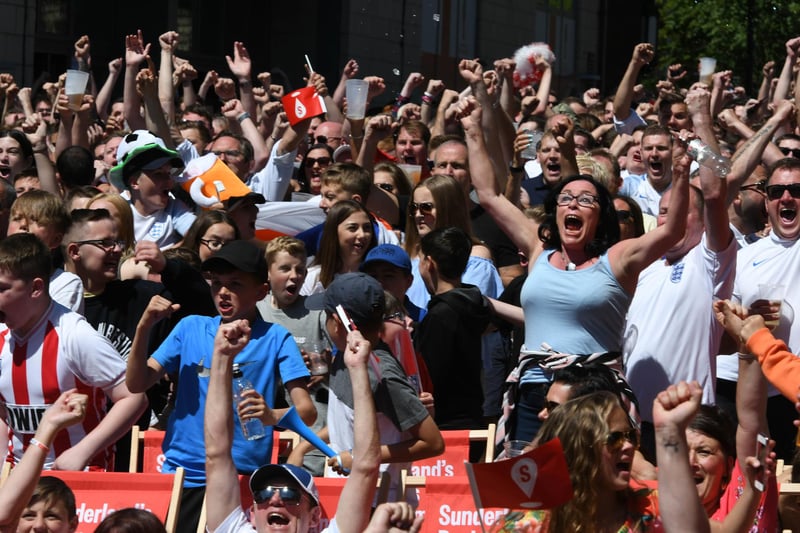 Fans celebrate as England score their third goal in the game against Panama. Were you pictured at the Low Row fanzone.
