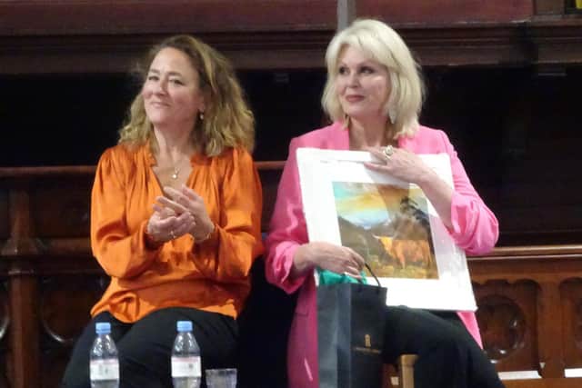 Joanna Lumley on stage at St Bryce Church with Arabella Weir (Pic: John Murray)