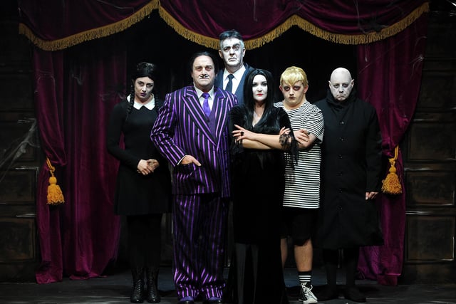 Meet the Addams Family.  From left, Wednesday (Ann-Marie Miller); Gomez (Nigel Orkney); Lurch (Barry Corkey); Morticia (Kay Dickson); Pugsley (Grant Duffus) and Uncle Fester (Andrew Lowrie).