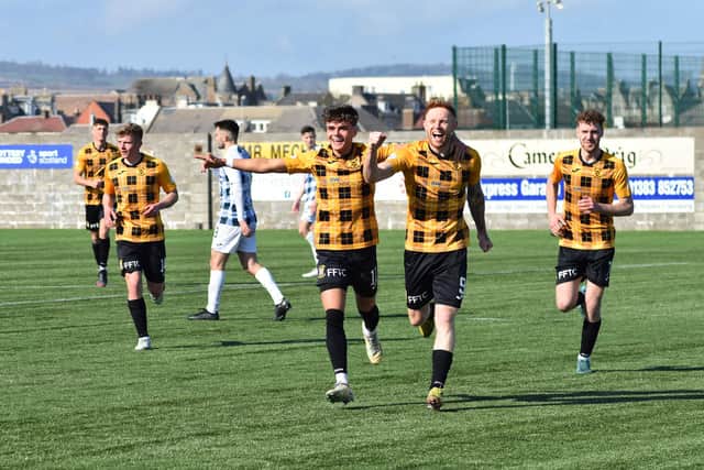 Scott Shepherd celebrates scoring East Fife's fourth goal against Stranraer in their stunning 8-0 win over the Blues on League 2 duty (Pictures by Kenny Mackay)