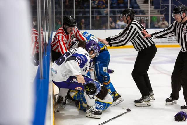 The gloves come off late in the game against Glasgow Clan (Pic: Derek Young)