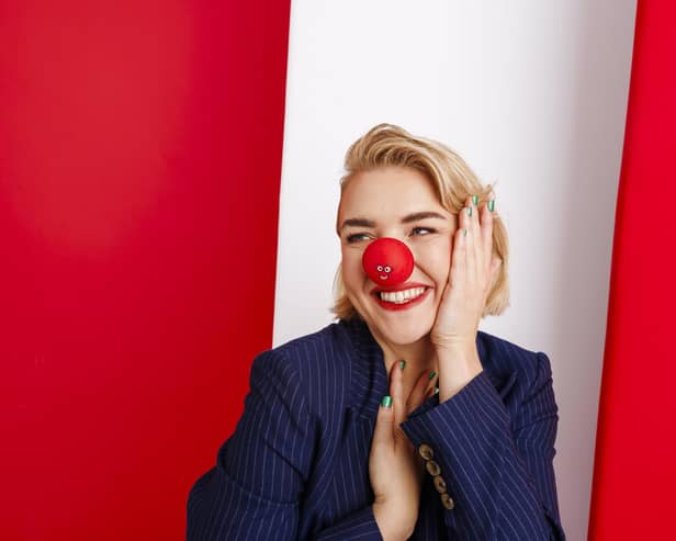 Musician Self Esteem supports Red Nose Day 2024 by wearing one of the new plastic-free, recyclable and plant-based Noses (Photo by Rebecca Naen/Comic Relief)