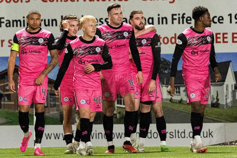 KIRKCALDY, SCOTLAND - DECEMBER 22: Ayr's Ben Dempsey (C) celebrates scoring to make it 2-2 with his teammates during a cinch Championship match between Raith Rovers and Ayr United at Stark's Park, on December 22, 2023, in Kirkcaldy, Scotland. (Photo by Mark Scates / SNS Group)