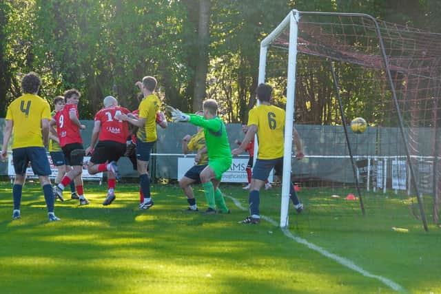 Jay Watson heads Kirkcaldy & Dysart 2-0 up against Heriot-Watt University last Saturday (Pics by Julie Russell)