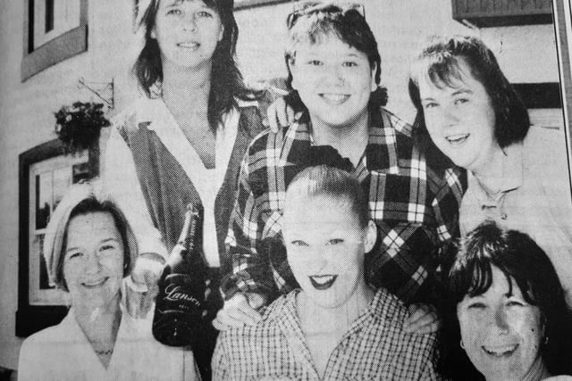 in 1996, local ramblers have bene urged to put their thinking caps on to help a pub landlady..
Sandra Dee, who ran the Fettykill Fox, in Leslie, wanted to set up a walking route around the pub, and offered a bottle of champagne as a reward for any help.
Launching the iniiative are (back row) Sandra, Pippa Cheung and Helen MacRae. In front are Rebecca Dewis, Fiona Strain and Christine McSorley.