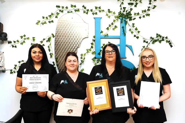 Staff at Heavenly Sensations beauty salon with their awards  - Jayda Robertson, Bliss Steele,  owner Amanda Allan and Annie Simpson. Pic: Fife Photo Agency