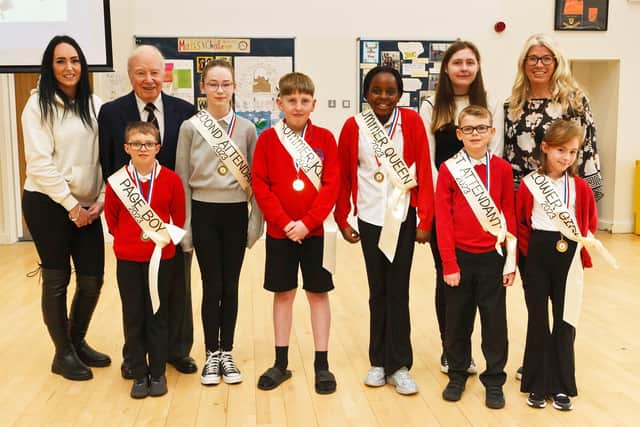 The royal party for Burntisland Civic Week 2023 pictured with citizen of the year Bill Kirkhope, Young Persons award winner Joana Barron and Civic Week committee members Amanda Jones and Lyza Simpson.  (Pic: Michael Booth)