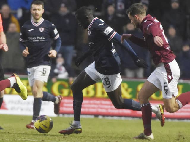 Ross County loanee William Akio on the ball for Raith Rovers at Arbroath on Saturday (Pic: Alan Murray)