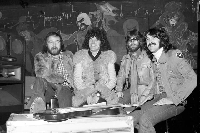 Nazareth emerged from the dance halls of Dunfermline, scored huge chart success in the 1970s, and still tour to this day with remaining original member Pete Agnew at the helm.
This picture captures the original line up in 1975- Pete, the now retired Dan McCafferty, and the late Darrell Sweet and Manny Charlton