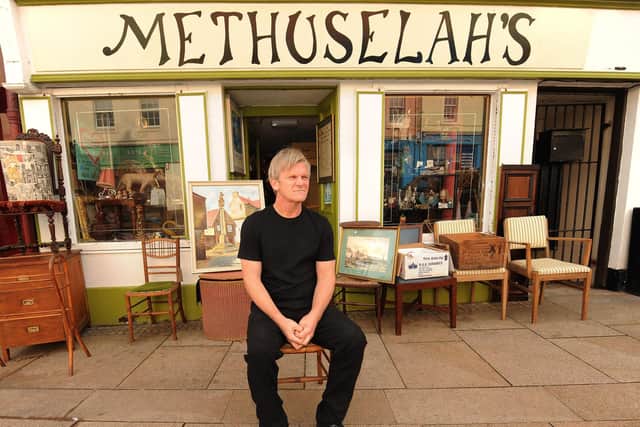 Johnny Sinclair outside his shop, Methuselahs (Pic: Fife Photo Agency)